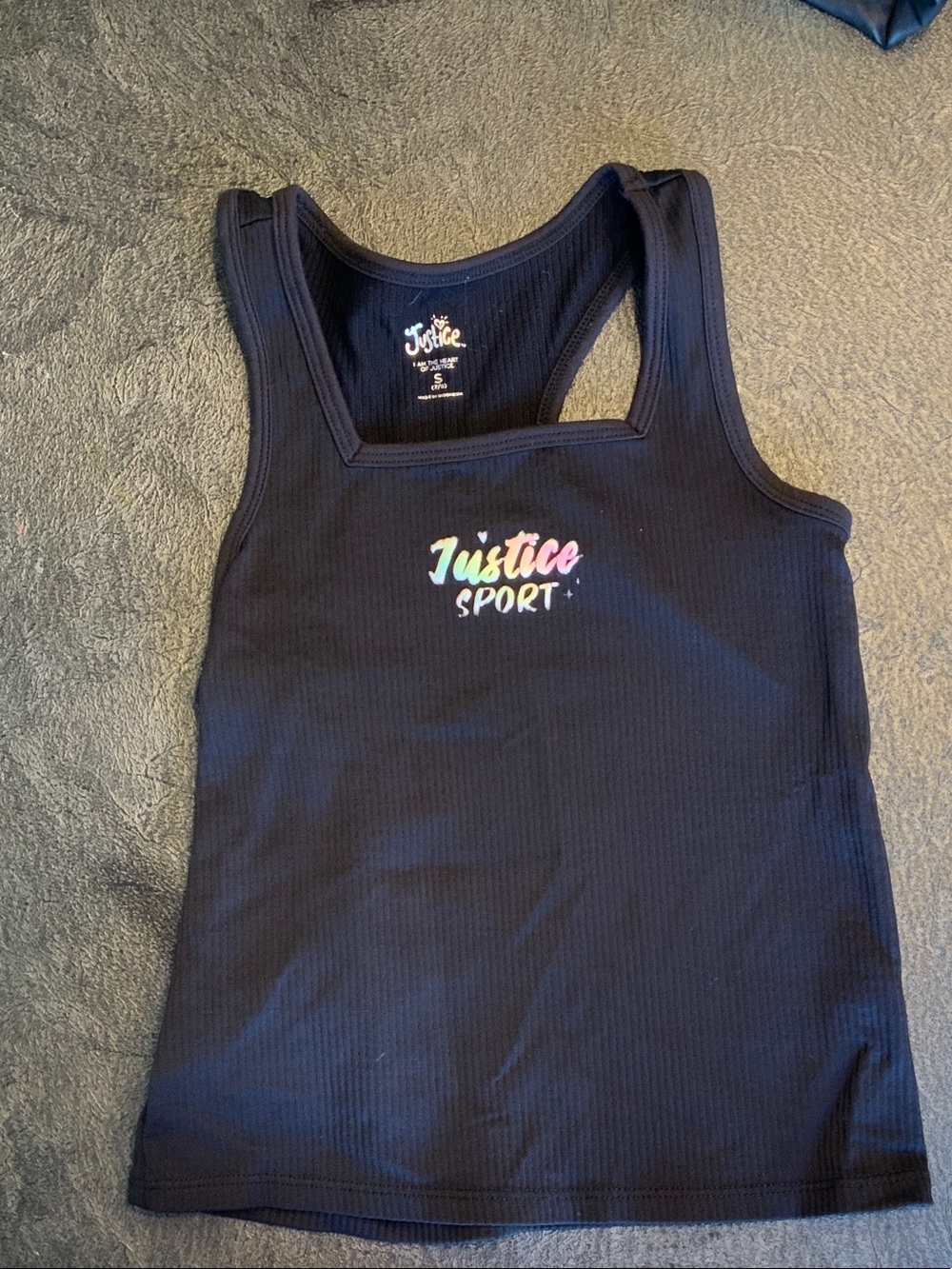 Justice Black Ribbed Tank with Rainbow Logo